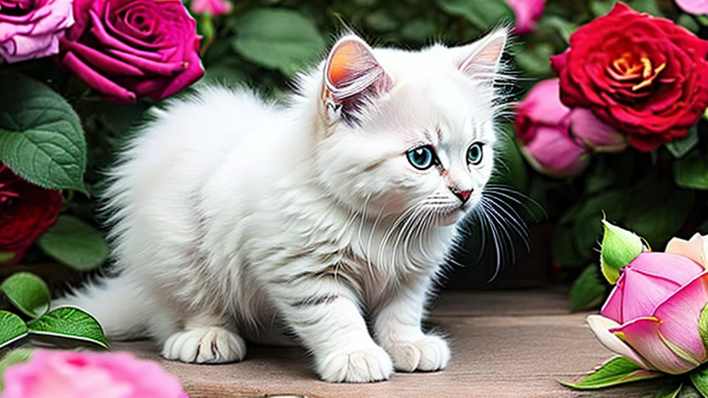 In this ultra-detailed CG art, Adorable white kitten surrounded by fantastic roses, Highest quality, High resolution, Intricate details, Fantasy, Cute Animals