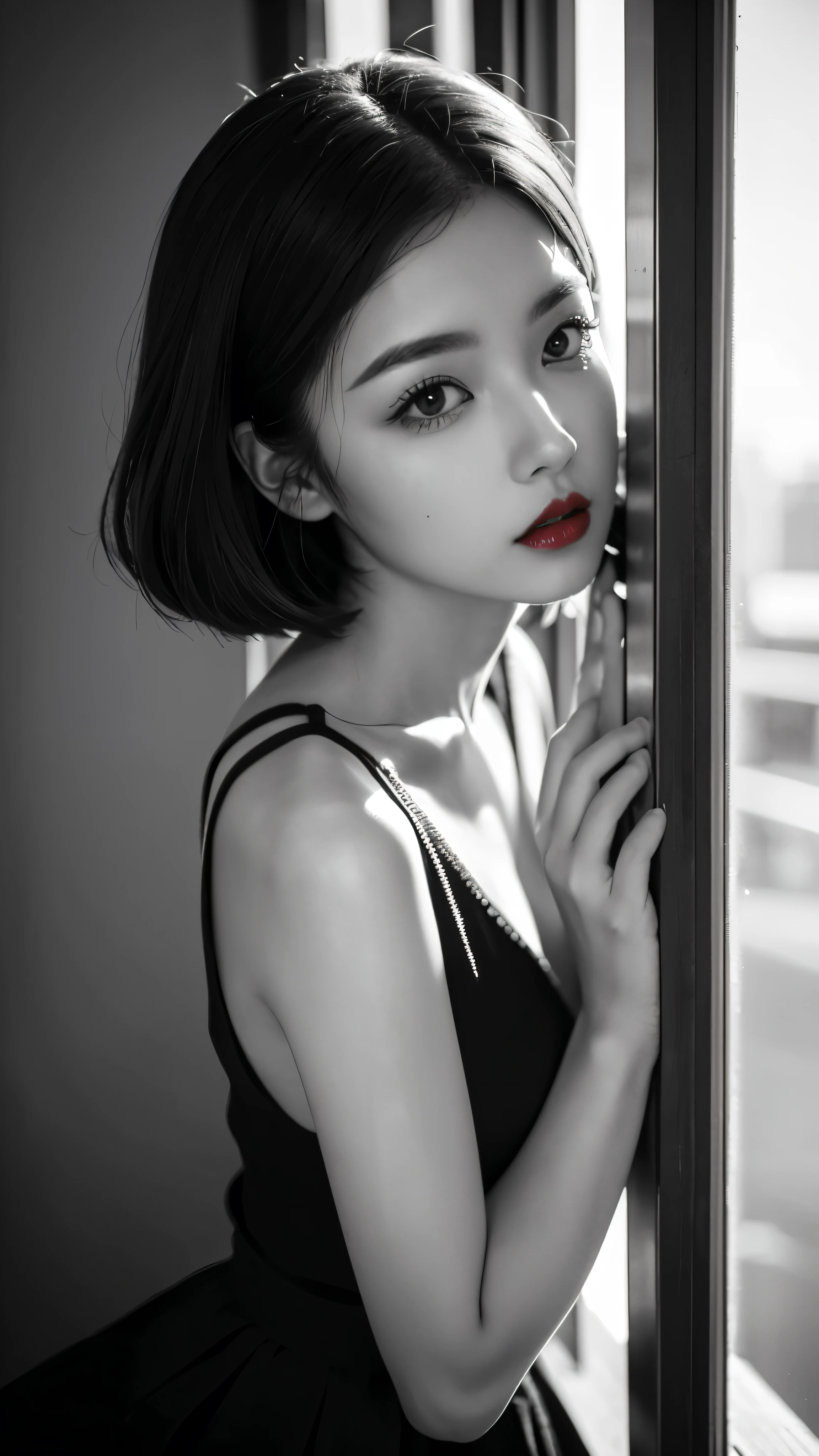 (((Black and White Art:1.2、Black and white photo、RAW photos、Film Grain)))、Beautiful woman、Small nose、((Full lips、Sexy red lips:1.3))、Attractive hairstyle、skirt、best quality、high resolution、high resolution、light、Black and white photo、Professional photographer