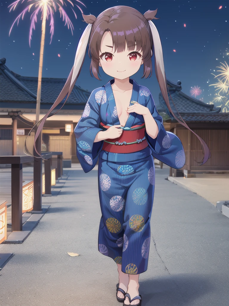 Gao Jiejie,Highest quality,Detailed Background,night,Outdoor,firework,1 Girl,Red eyes,smile,Long twin tails,Brown Hair,Eyebrows visible through hair,Flat Chest,Blue yukata,Cleavage,Nipples,upper body,1boy,full body,penis,(hetero),paizuri under clothes,breast in 1penis