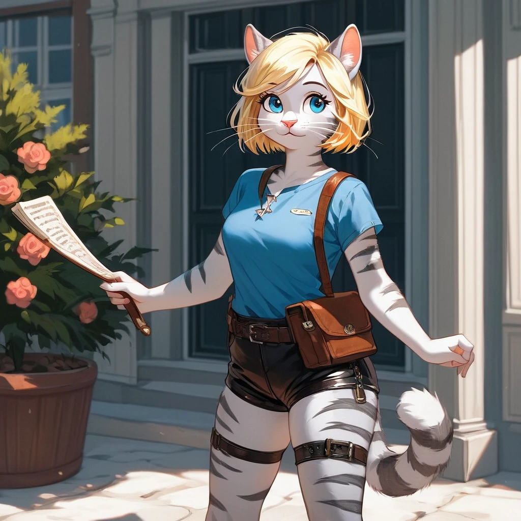 score_9,score_8_up,score_7_up, source_cartoon, source_furry, family guy style, kat, (masterpiece, best quality:1.2), an anthro furry feline girl, silver fur, grey stripes, pink nose, solo, :3, blue eyes, white whiskers, short blonde hair, pony tail, side locks, tall body, wearing short blue tunic, leather straps, brown strapped leather shorts, standing