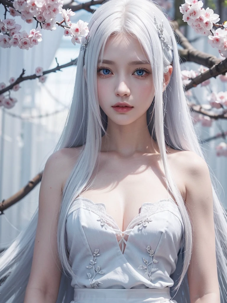 Long white hair, blue eyes, serious features, white skin, Sakura 