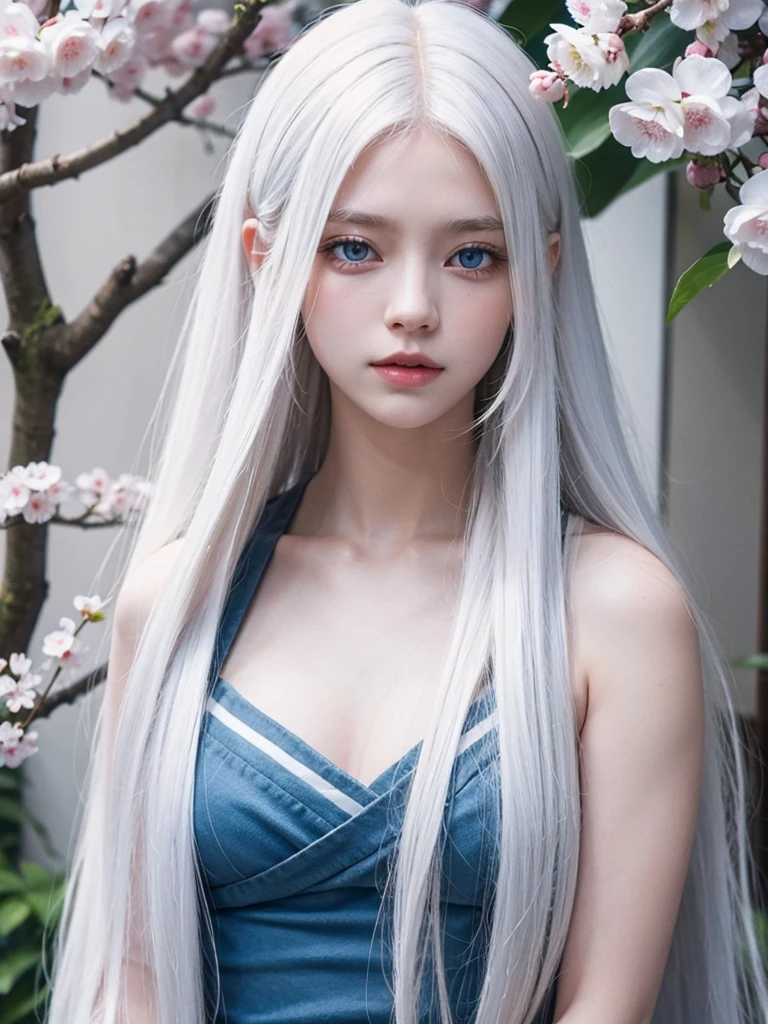 Long white hair, blue eyes, serious features, white skin, Sakura
