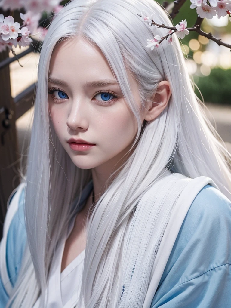 Long white hair, blue eyes, serious features, white skin, Sakura 