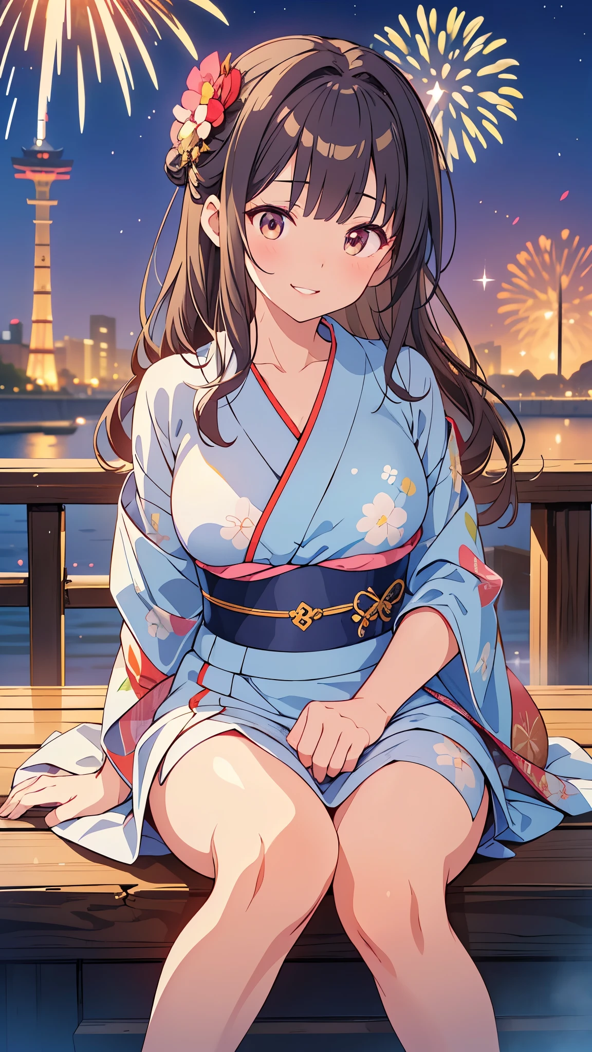 Anime girl in a kimono sitting on the stairs with fireworks in the background、(Tabletop:1.3), High resolution, Ultra-detailed, Highly detailed CG Unity 8k wallpaper, Realistic, Photorealistic, RAW Photos, Beautifully detailed face, Pale skin, Realistic glitter skin, Detailed cloth texture, Detailed hair texture, Perfect body, Beautiful Face, Acura, Anatomically correct, Highly detailed face and skin texture, Natural neck length, (Beautiful Hands), (Fair skin:1.2), Thin legs, Thin legs, (Teeth are neatly arranged:1.1), Sweaty skin, break, Fine grain, Symmetrical eyes, Light brown eyes, double eyelid, Thin eyebrows, (Glossy Lips:1.4), ((Cute smile:1.2)), (blush:1.1), (Glowing little hair ornament:1.1), break, (Elegant girl:1.3), (wear (Navy blue yukata:1.2) There is a white floral pattern), break, Large Breasts, Slim figure, Toned Abs, ((Updo, Dark gold hair, Wavy Hair, Long Hair, Asymmetrical bangs:1.2)), (Close-up shot:1.2), (A sideways glance at the audience:1.1), From next to me, break, ((Sit on the stairs,Gently lift your chin in Odaiba:1.2)), ((Huge colorful fireworks bloom in the night sky:1.2)),