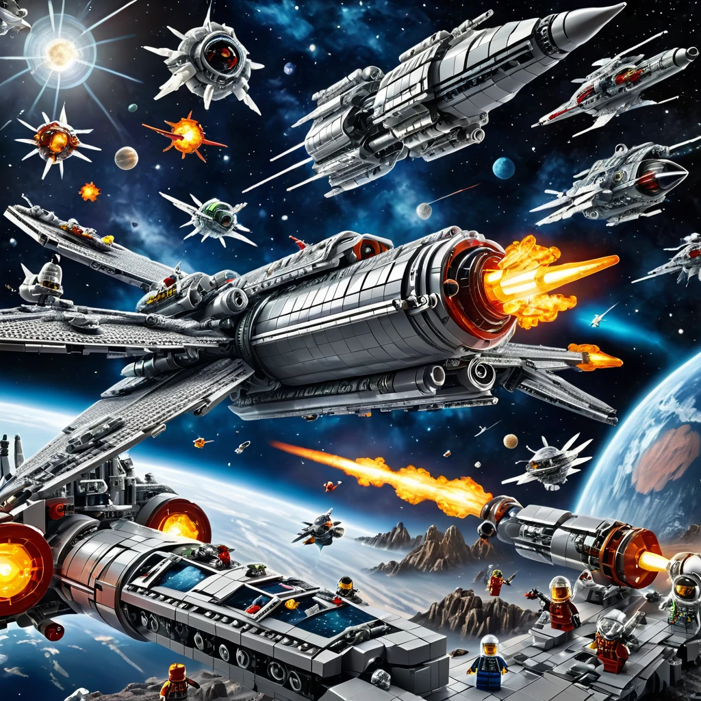 best quality, very good, 16K, ridiculous, Very detailed, Space War，Star Wars，Made of Lego, Background space（（A masterpiece full of fantasy elements）））， （（best quality））， （（Intricate details））（8K）