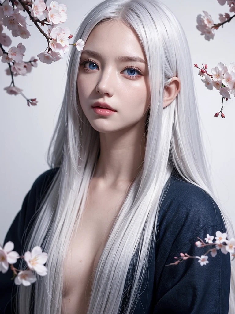 Long white hair, blue eyes, serious features, white skin, cherry blossom 