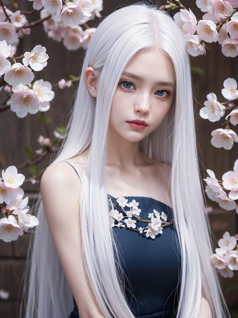 Long white hair, blue eyes, serious features, white skin, cherry blossom
