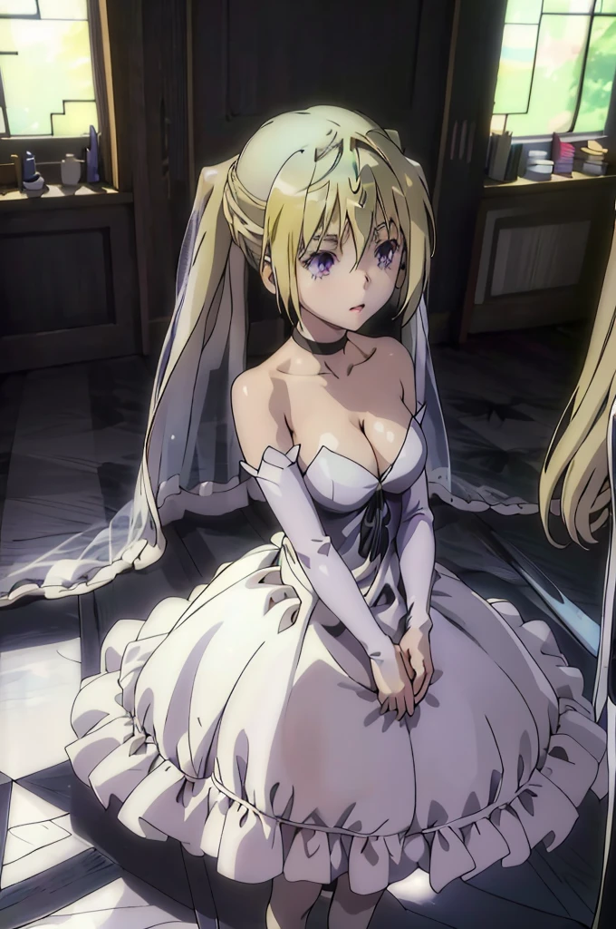 (masterpiece, best quality), 1girl,     lieselotte sherlock, 1girl, dress, solo, white_dress, wedding_dress, standing, indoors, own_hands_together, bare_shoulders, strapless_dress, breasts, strapless, full_body, mirror, looking_at_viewer, perfect face, perfect hands, beautiful 