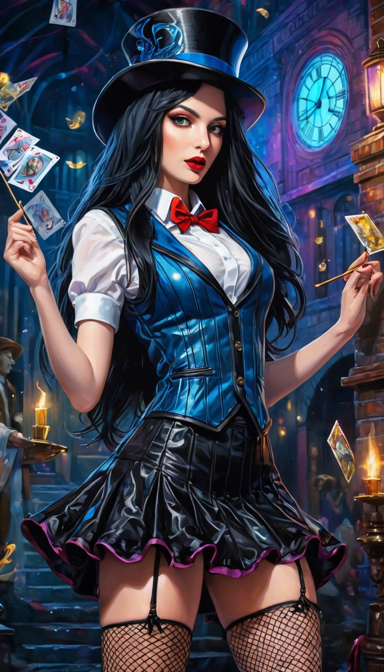 a magician girl with long black hair, wearing a magician hat, elegant and sexy outfit with a vest, miniskirt and fishnet stockings, performing magic, dark and fantastic background, inspired by the art of Bill Sienkiewicz, high quality, ultra-detailed, photorealistic, vivid colors, professional (best quality, 4k, 8k, high resolution, masterpiece: 1.2), ultra detailed, (realistic, photorealistic, photorealistic: 1.37), intricate details, vivid colors, sharp focus, professional, Dave's artwork McKean, oil painting touch of surrealism, oil painting style
