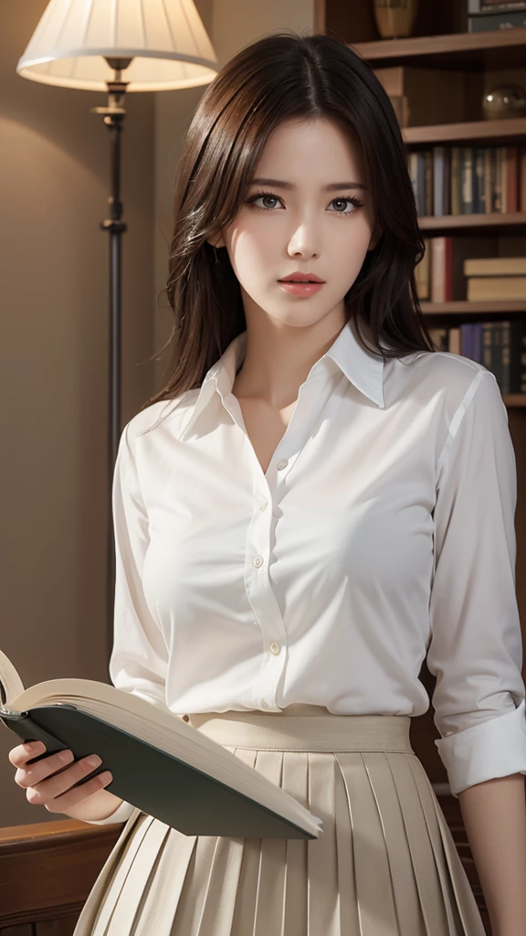 masterpiece, Highest quality, Ultra-high resolution, (Photorealistic:1.4), Beautiful lighting, Raw photo, 8K Ultra HD, Highly detailed face, Realistic lightning, Beautiful girls, pretty girl, ((Wearing a white shirt and a long pleated skirt)), Long Shot, Shy, hide your face behind a book, indoor,