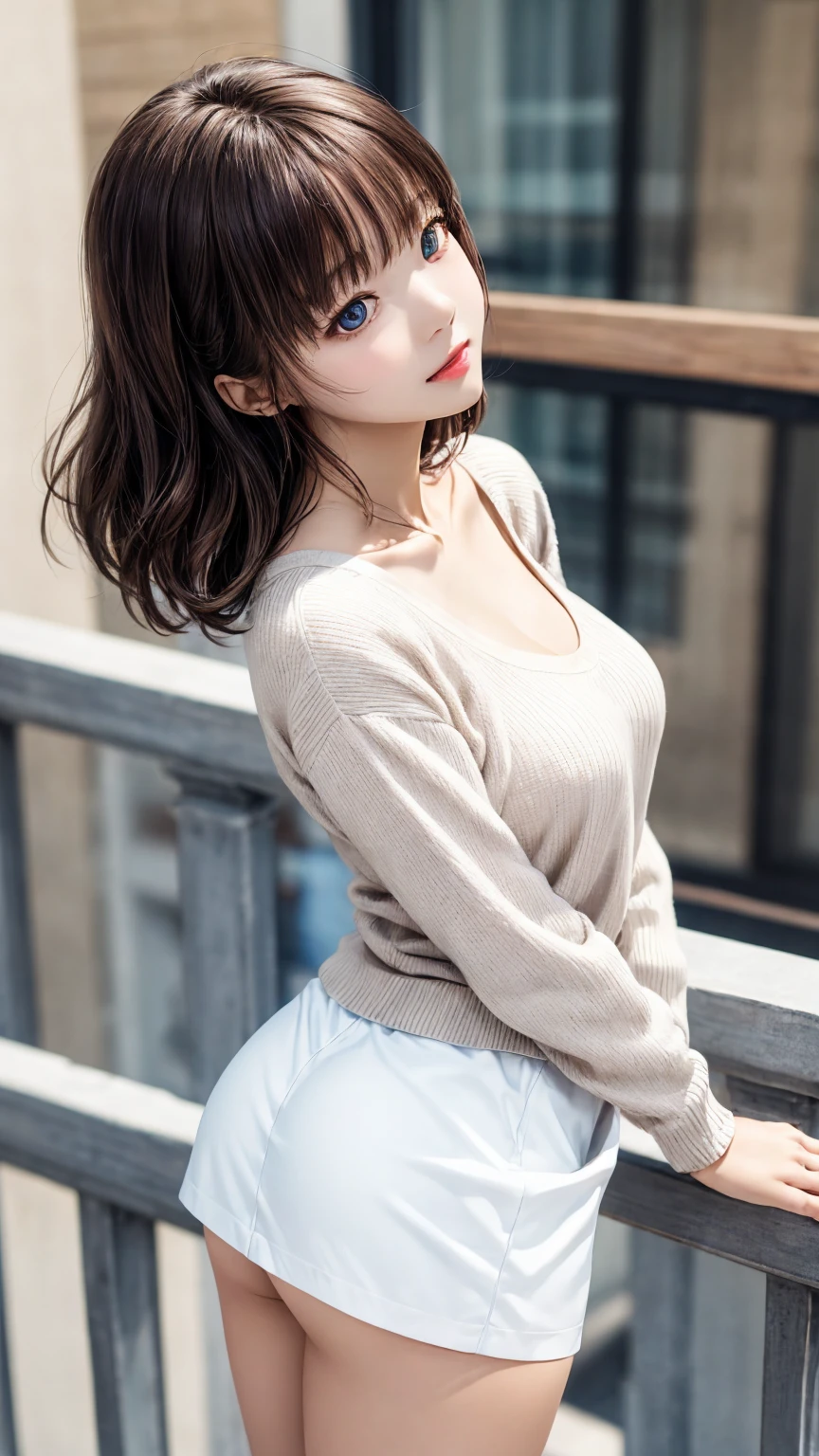 Young wife hanging out laundry on the balcony、Super detailed、Particles of light:0.5、Shiny and smooth skin texture、Put your hands on the railing、Beautiful clear blue eyes、dorsal position、Mouth half open、Natural Texture、Short Hair、、Mature slender beauty、Small breasts、Dignified face、A thin open-necked sweater and a white skirt、slouch