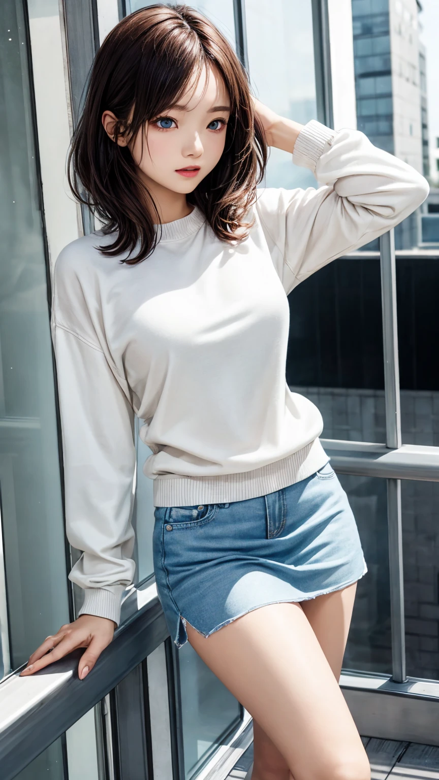 Young wife hanging out laundry on the balcony、Super detailed、Particles of light:0.5、Shiny and smooth skin texture、Put your hands on the railing、Beautiful clear blue eyes、dorsal position、Mouth half open、Natural Texture、Short Hair、、Mature slender beauty、Small breasts、Dignified face、A thin open-necked sweater and a white skirt、slouch