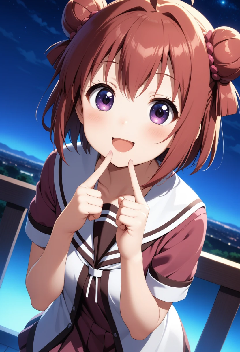 masterpiece, best quality, very aesthetic, absurdres,
1girl, akaza akari, yuru yuri, short hair, red hair, purple eyes, ahoge, hair bun, nanamori , smile, open mouth, pointing, pointing at self, fingers to cheeks, dutch angle, night, star \(sky\),