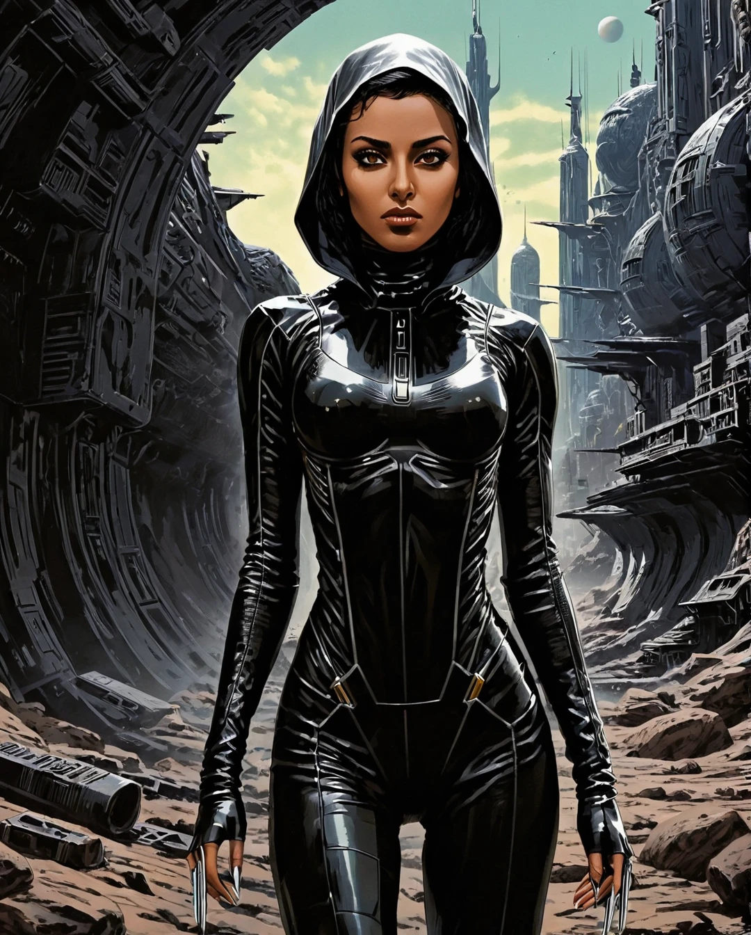 A gracefully dangerous Saudi Arabian woman, with light brown tan skin, brown eyes, and black hair, appears as an assassin and spy in a futuristic Alien planet city and landscape. The image depicts her in sleek, advanced attire that blends seamlessly with the alien surroundings. Every detail bursts with life amid the futuristic decay: her attire is a mix of high-tech and cultural elements, her eyes shine with cunning determination, and her movements exude deadly grace. The scene captures a perfect balance of elegance and danger, drawing viewers into a thrilling tale of intergalactic espionage.