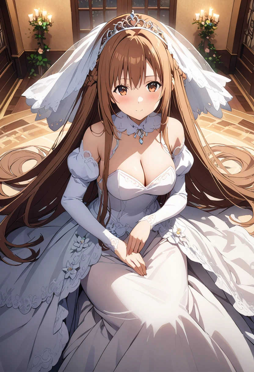 Highest quality、Super detailed、High resolution illustrations、Ultra-high-definition CG、8k size wallpaper、Production Art、Light novel illustrations、(1People Girls)、asuna yuuki, long hair, bangs, brown hair, brown eyes, very long hair, braid, Puff sleeves、Wedding Veil、tiara、Cleavage cutouts、Wedding dress, White Dress, Long skirt、White stiletto heels、Full Body