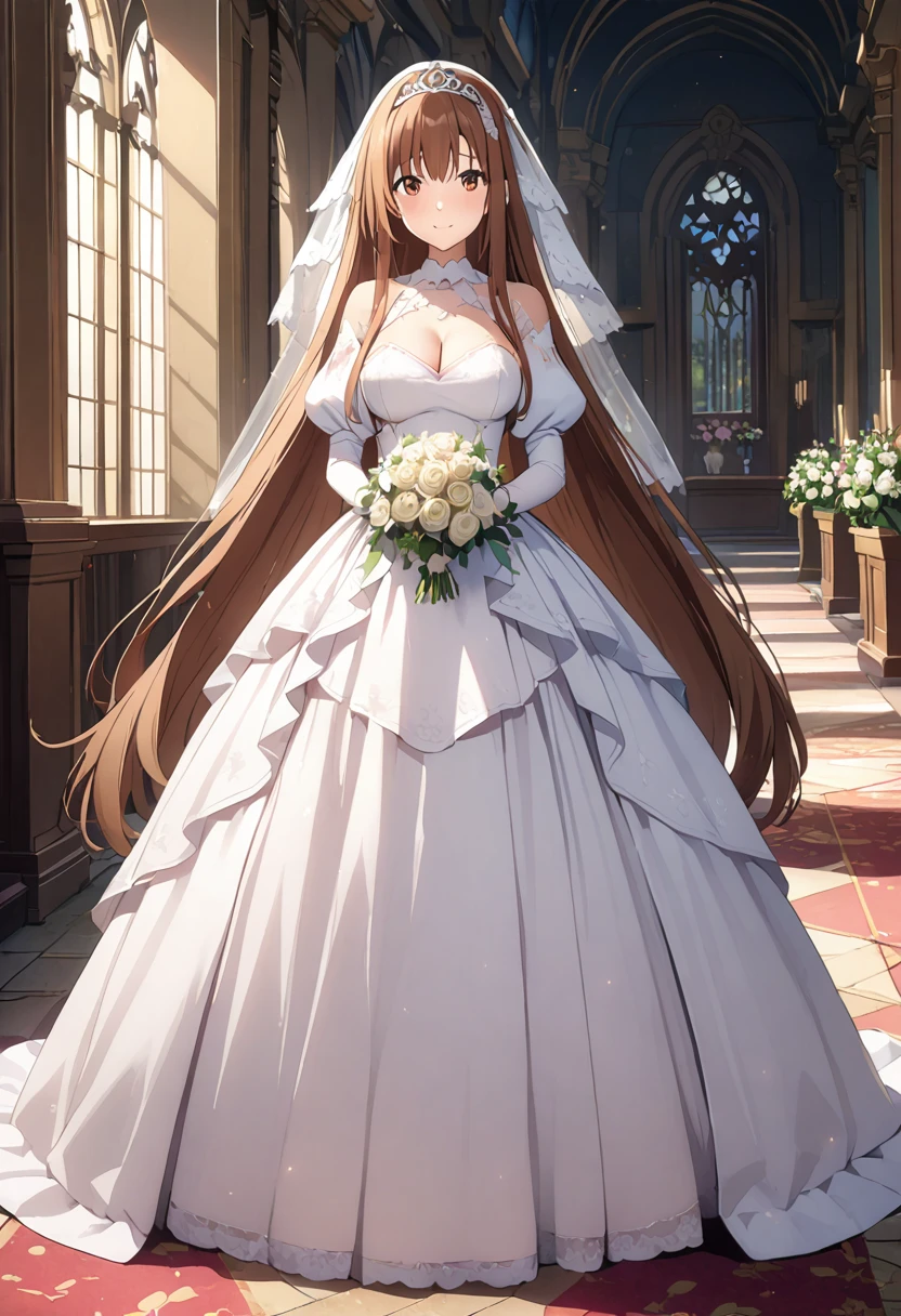 Highest quality、Super detailed、High resolution illustrations、Ultra-high-definition CG、８k size wallpaper、Production Art、Light novel illustrations、（１People Girls)、asuna yuuki, long hair, bangs, brown hair, brown eyes, very long hair, braid, Puff sleeves、Wedding Veil、tiara、Cleavage cutouts、Wedding dress, White Dress, Long skirt、White stiletto heels、Full Body