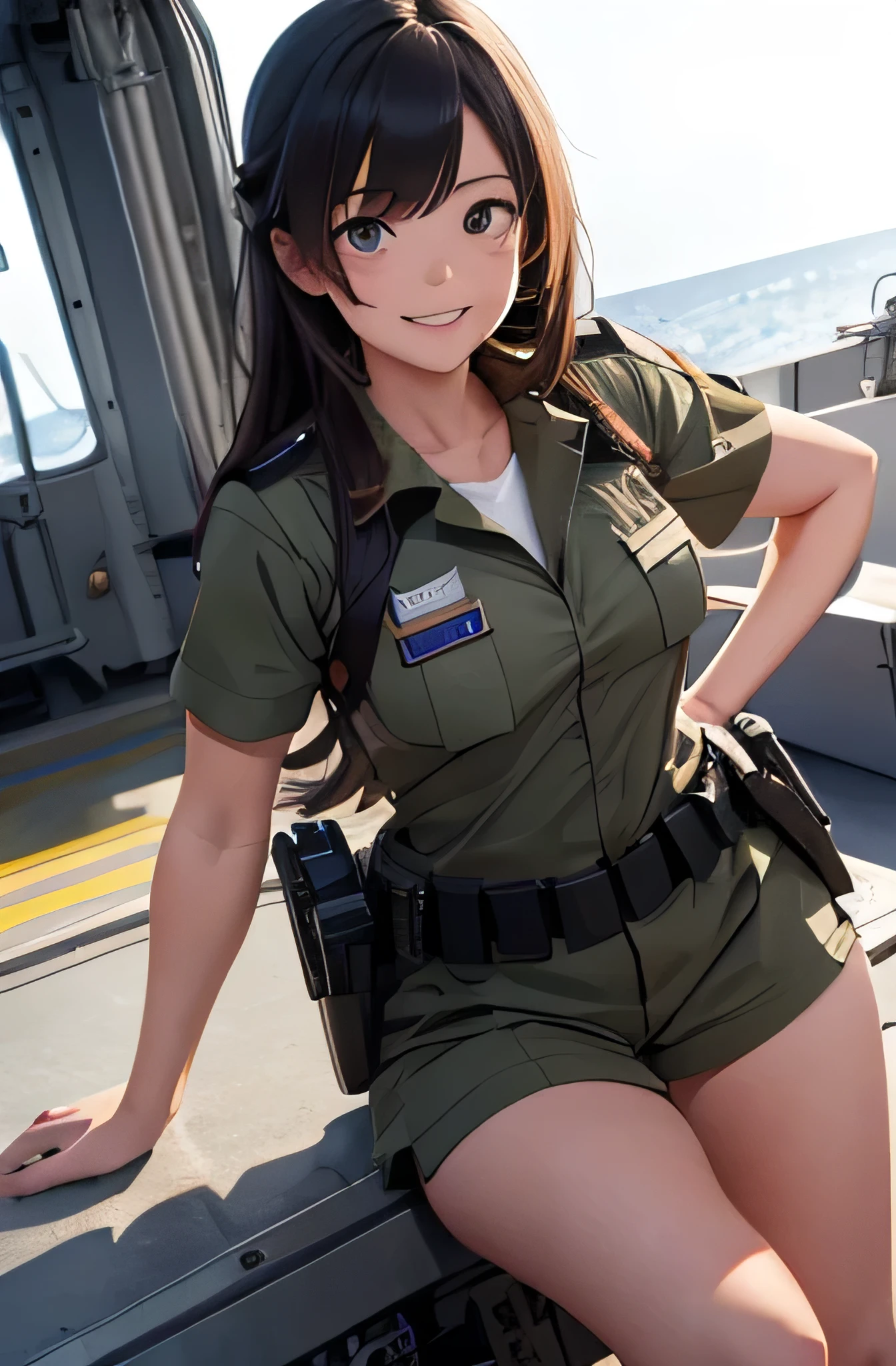 Girl in combat uniform,summer,Short sleeve,smile,On the aircraft carrier,Ready your gun?,8K, Highest quality, masterpiece