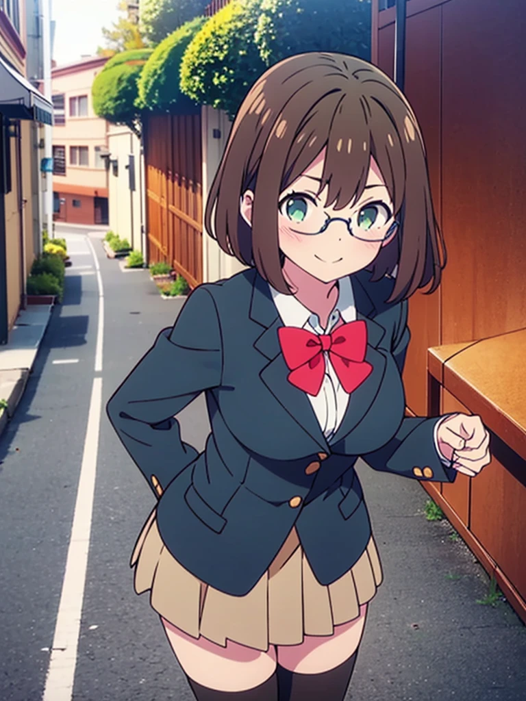 score_9, score_8_up, score_7_up, source_anime,
pinup of 1girl solo, dating, smile, blush, fov, looking up, looking at viewer, 
outdoors, street, lamppost, day, sunbeam, 
 mekwmk, short hair, brown hair, bangs, green eyes, large breasts, medium breasts, 
red eyewear, semi-rimless eyewear, , blazer jacket, bowtie, grey skirt, black thighhighs, zettai ryouiki, 
detailed eyes,