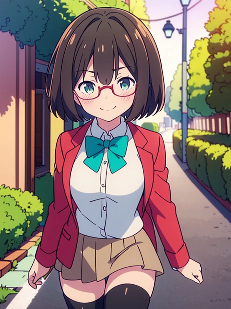 score_9, score_8_up, score_7_up, source_anime,
pinup of 1girl solo, dating, smile, blush, fov, looking up, looking at viewer,
outdoors, street, lamppost, day, sunbeam,
mekwmk, short hair, brown hair, bangs, green eyes, large breasts, medium breasts,
red eyewear, semi-rimless eyewear, , blazer jacket, bowtie, grey skirt, black thighhighs, zettai ryouiki,
detailed eyes,