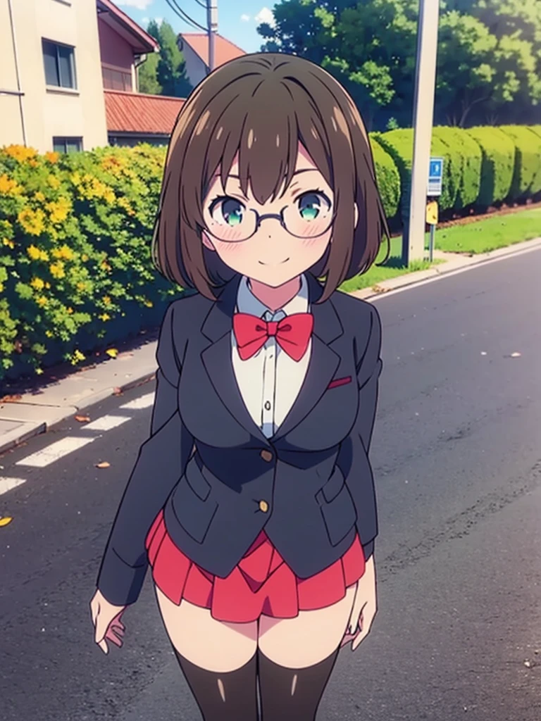 score_9, score_8_up, score_7_up, source_anime,
pinup of 1girl solo, dating, smile, blush, fov, looking up, looking at viewer,
outdoors, street, lamppost, day, sunbeam,
mekwmk, short hair, brown hair, bangs, green eyes, large breasts, medium breasts,
red eyewear, semi-rimless eyewear, , blazer jacket, bowtie, grey skirt, black thighhighs, zettai ryouiki,
detailed eyes,