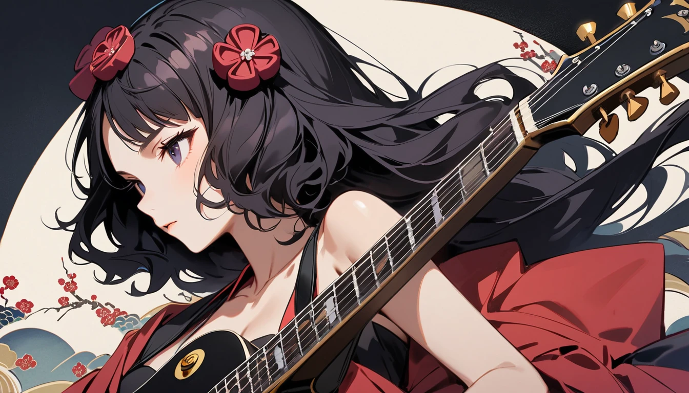 (((Highest quality))), (((Katsushika Hokusai))), (((Ink Painting))), ((very straight longhair)), ((1 girl)), ((sunglasses)), ((beautiful girl)), ((Holding a Les Paul guitar)), Japanese style headphones, Black Hair, Delicate and precise, Modern ukiyo-e style, face close up