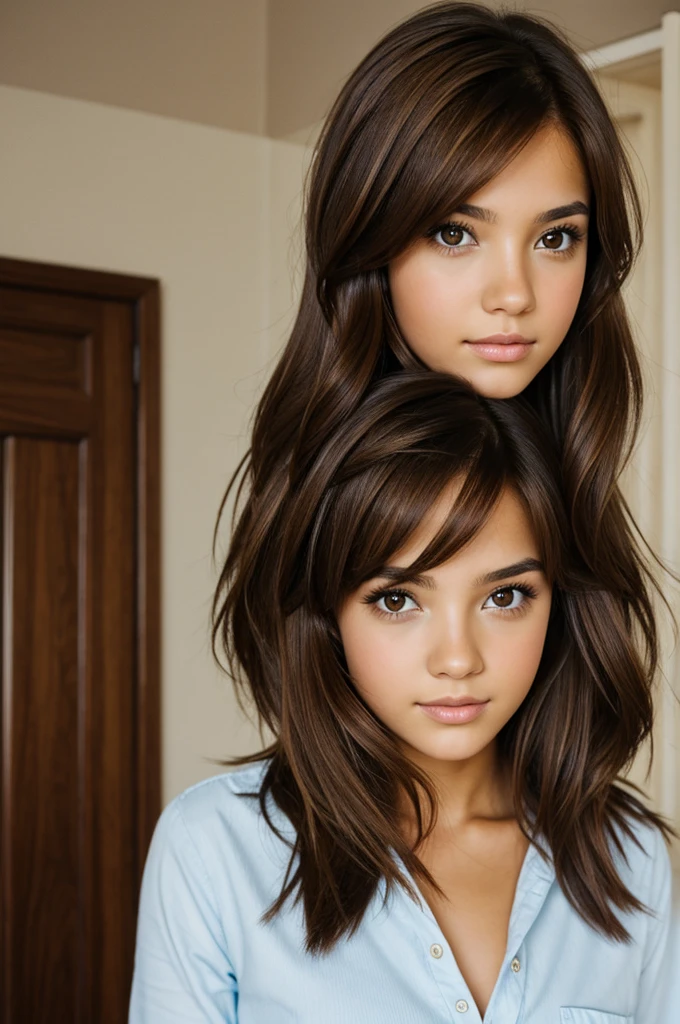 Girl with brown hair and brown eyes inside room 