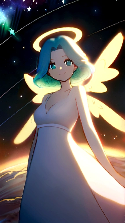 a one woman, teal hair, Eyes red, ssmile, ángel wings, golden halo, white gown, standing, in space, Milky Way in the background, estrelas ao longe, bare torso