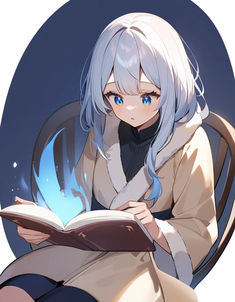 Her beautiful snow-colored hair reaches down to her waist.、A 17-year-old girl with lapis lazuli eyes, Reading a book
