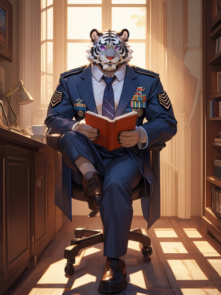 {{bara extremely handsome white tiger,}} {{white fur,}} white, wearing military like purple trench coat purple trousers and white dress shirt and necktie, white fluffy furry body and limbs, loafers, very tall, very broad shoulders, narrow waist, muscular arms, massive pecs, purple eyes, very long legs,  sitting on swivel chair with legs spread, reading file, sophisticated smart look, full body, sunlight casting over, 3/4 view, best quality, high quality, silver earring on left ear, dead stare, cold expression