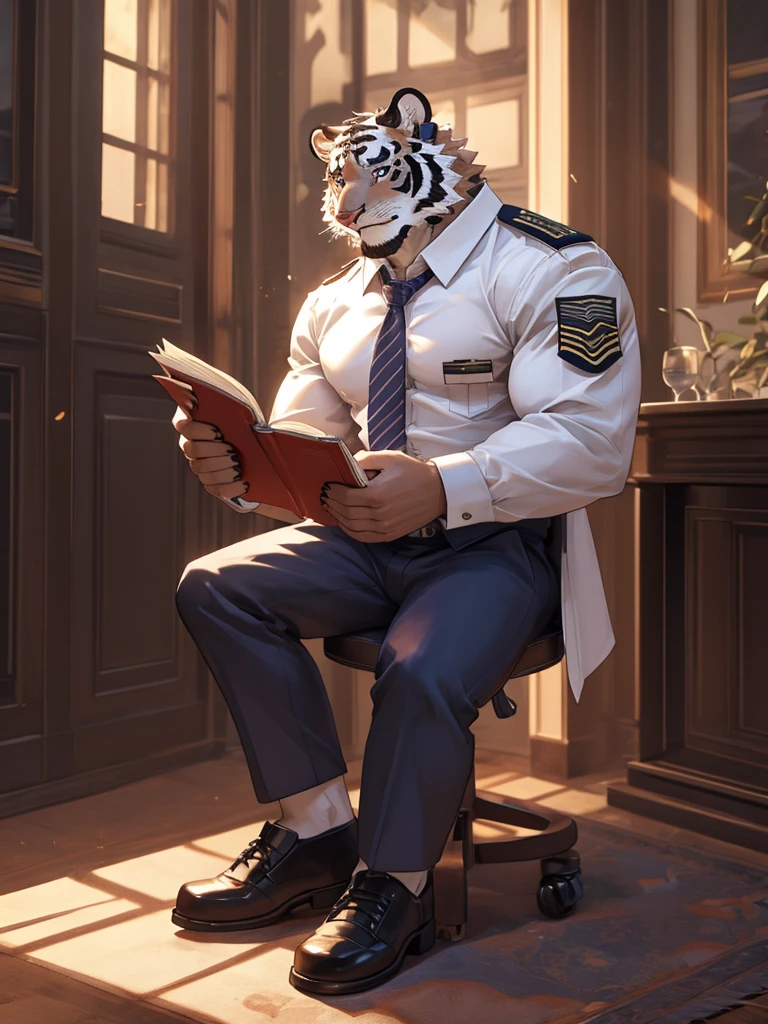 {{bara extremely handsome white tiger,}} {{white fur,}} white, wearing military like purple trench coat purple trousers and white dress shirt and necktie, white fluffy furry body and limbs, loafers, very tall, very broad shoulders, narrow waist, muscular arms, massive pecs, purple eyes, very long legs,  sitting on swivel chair with legs spread, reading file, sophisticated smart look, full body, sunlight casting over, 3/4 view, best quality, high quality, silver earring on left ear, dead stare, cold expression
