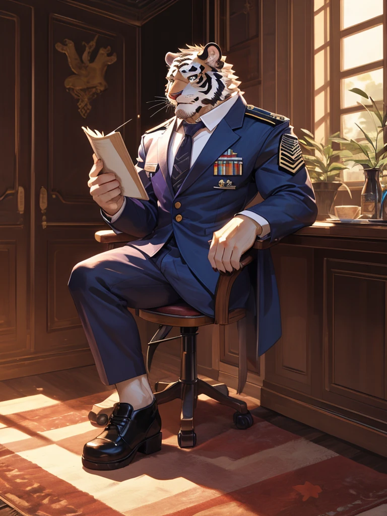 {{bara extremely handsome white tiger,}} {{white fur,}} white, wearing military like purple trench coat purple trousers and white dress shirt and necktie, white fluffy furry body and limbs, loafers, very tall, very broad shoulders, narrow waist, muscular arms, massive pecs, purple eyes, very long legs,  sitting on swivel chair with legs spread, reading file, sophisticated smart look, full body, sunlight casting over, 3/4 view, best quality, high quality, silver earring on left ear, dead stare, cold expression