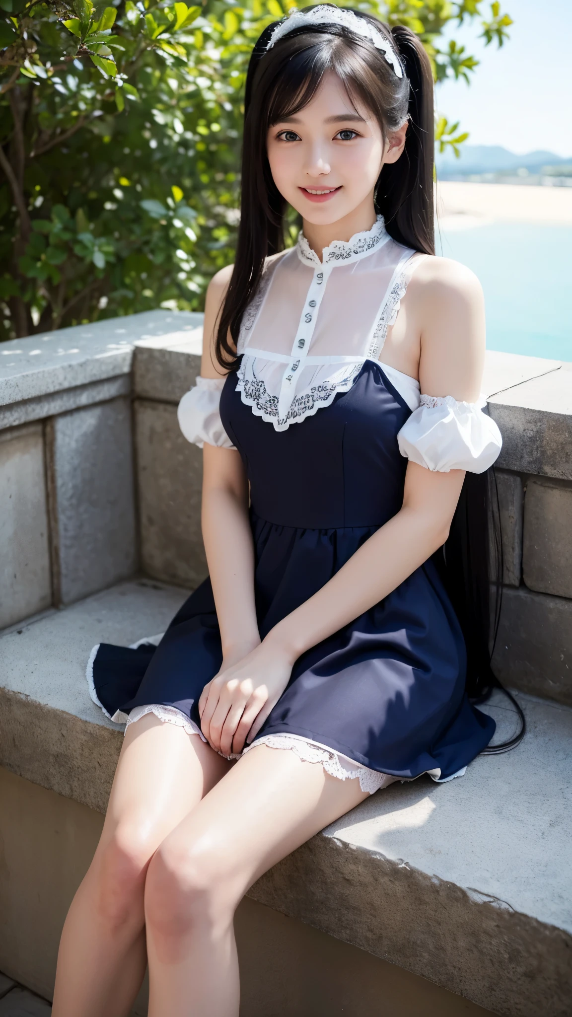 ((masterpiece)), ((highest quality、Ultra high definition)), (Very detailed),8K、Photo quality、((Amazingly cute girl)),( -yeld gi, Two people, , (Beautiful emerald blue eyes), ((smile)),In the open-air bath overlooking the sea, Beautifully arranged black hair in twin tails、whole body、Cute lolita maid style swimsuit))、Professional Lighting、(White lace knee-highore detailed and beautiful)、(More details and cutenesore realistic)、(((Just wear light clothing)))、プールではしゃぐ、