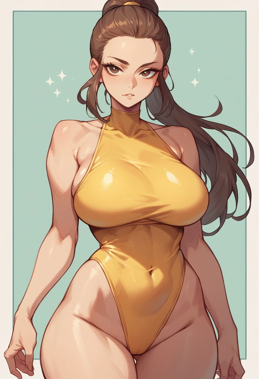 forehead, ollback ,ponytail,brown hair ，yellow one-piece-swimsuit ,japanese
nsfw, glamorous, voluptuous, curvy,cowboy shot, stand