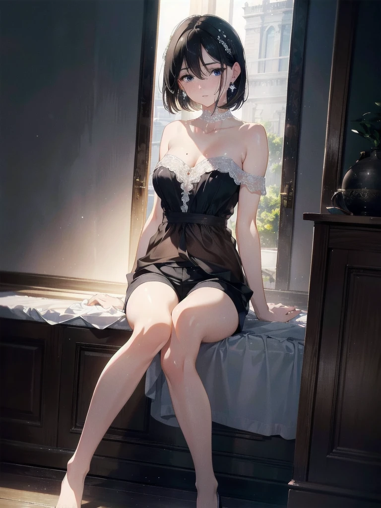 absurdres, RAW photo, extremely delicate and beautiful, masterpiece, Best Quality, ultra high resolution, 32k, hyperrealistic, ultra-detailed, in her 20s, delicate facial features, tearful mole, earring, medium breasts, full body shot, shorter middle hair, black hair, strapless, white shirt, shorts,