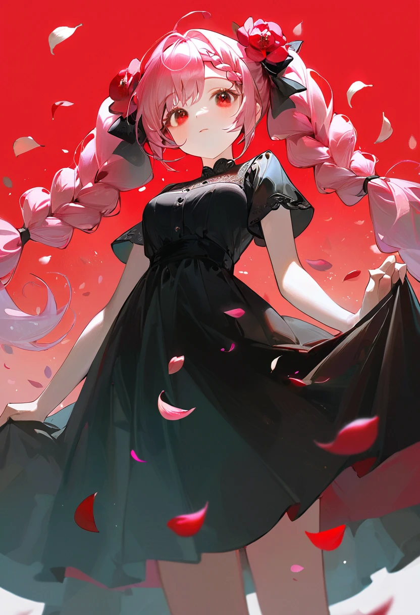 masterpiece, (aesthetic style:0.7), 1girl, solo, looking at viewer, braid, pink hair, floating hair, from below, long hair, black dress, short sleeves, red flower, twintails, closed mouth, red eyes, gradient background, petals