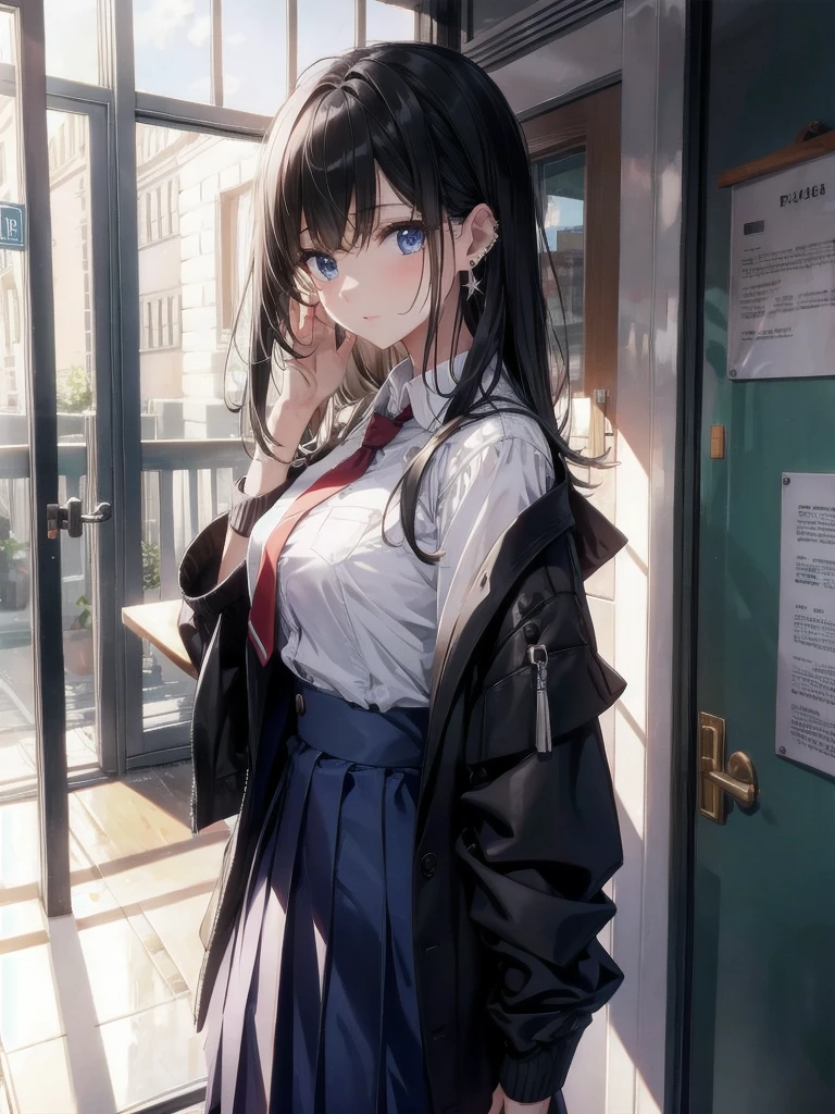 absurdres, RAW photo, extremely delicate and beautiful, masterpiece, Best Quality, ultra high resolution, 32k, hyperrealistic, ultra-detailed, in her 20s, delicate facial features, tearful mole, earring, medium breasts, full body shot, shorter middle hair, black hair, school_uniform, blazer,