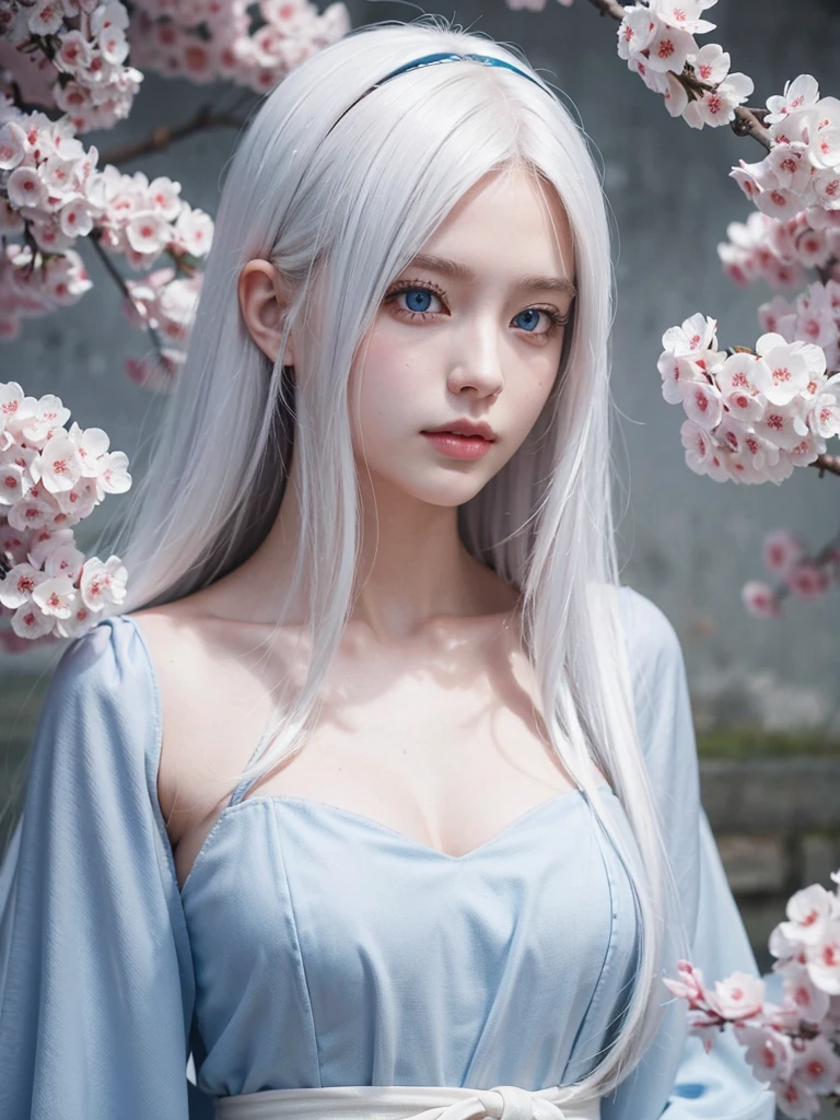 Long white hair, blue eyes, serious features, white skin, Sakura 