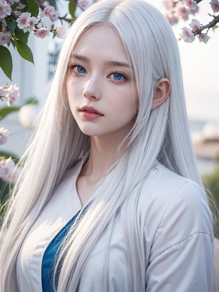 Long white hair, blue eyes, serious features, white skin, Sakura 
