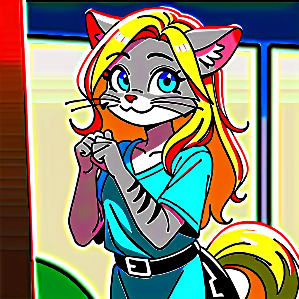 score_9,score_8_up,score_7_up, source_cartoon, first colors, family guy style, kat, (masterpiece, best quality:1.2), an anthro furry feline girl, silver fur, grey stripes, pink nose, solo, :3, blue eyes, white whiskers, short blonde hair, pony tail, side locks, tall body, wearing short blue tunic, leather straps, brown strapped leather shorts, standing