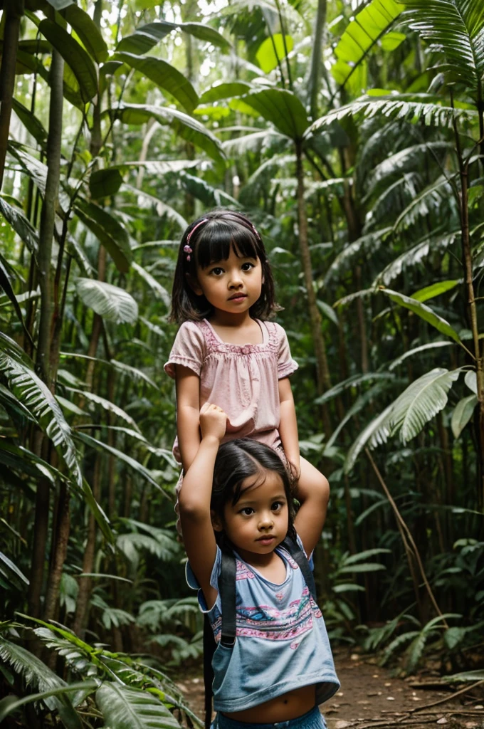 One 8 years old girl, one 7 years old girl, one 4 years old girl, one baby boy  playing with dad in the jungle