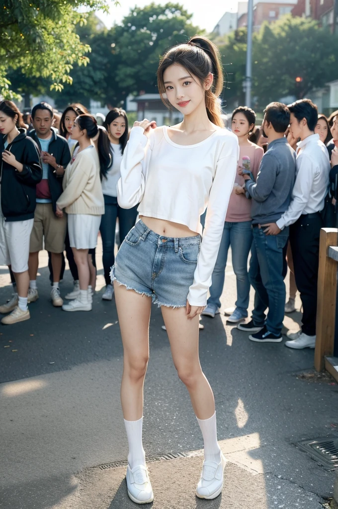 (((best quality))),(((ultra detailed))),(((masterpiece))),illustration,((1 beautiful girl,solo)),((slim,thin)),((small breasts,flat chest)), outside school gate, summer twilight, sunlight,(short ponytail:1.3),((white long-sleeved shirt)),(clavicalis:1.3),((denim shorts,slender legs,white socks,slippers)),animated face, excited eyes, sounds of laughter, chatter, excitement of summer vacation, air filled with energy, school gate golden glow, symbol of end of academic year, schoolyard transformed, reunion, farewells, embracing setting sun, face illuminated, moment captured, fleeting instant, essence of summer, carefree spirit, youthful exuberance, embodiment of season, sun dips, rosy glow, joy of living,promise of adventures,((standing,from front,full body)),(surrounded by crowded crowds:1.3)