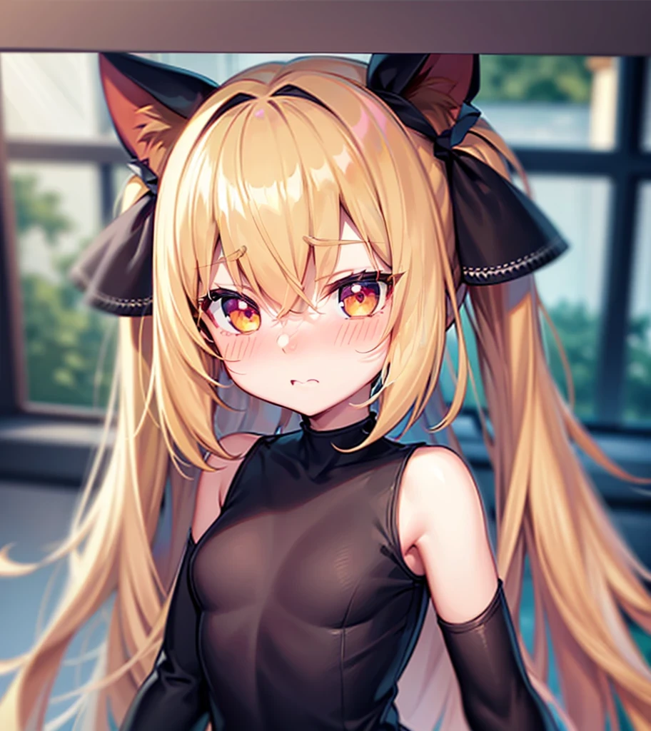 (((bashful))),nose blush,Cute little ,Tiny ,Small girl,,Childish face, Very fine clean face,Top quality, Big eyes,Straight Hair,Yellow hair,Crimson Eye,(Dark Room), Subtle light, Natural light,Soft lighting,Light from directly behind, (Are standing),Black background