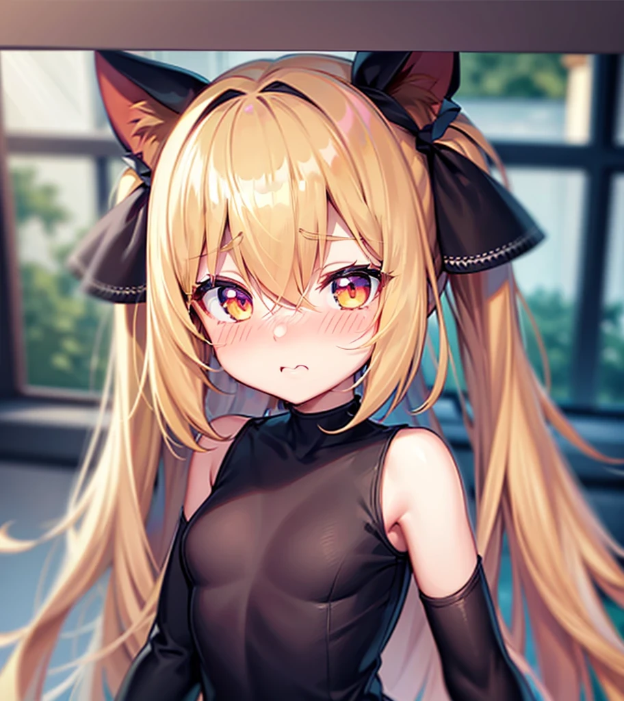 (((bashful))),nose blush,Cute little ,Tiny ,Small girl,,Childish face, Very fine clean face,Top quality, Big eyes,Straight Hair,Yellow hair,Crimson Eye,(Dark Room), Subtle light, Natural light,Soft lighting,Light from directly behind, (Are standing),Black background