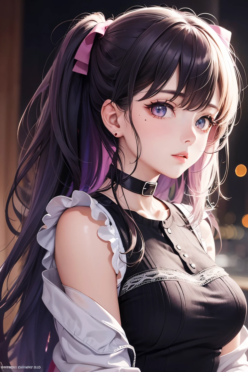 masterpiece, best quality, highly detailed, high resolution, expensive resolution, high resolution, 4K, 8k, Unity 8k wallpaper, highly detailed CG, masterpiece, 2D, 3D, beautiful details, depth, fine texture, best quality: 1.3, perfect focus, crispy skin, him, very cute, one 20-something girl, before a date with him, enjoying fashion, short twin tails, mole under eye, looking at the viewer, expensive, blush, mole, parted lips, heart, pink eyes, choker
