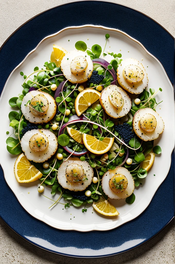 Scallop Carpaccio: Thinly sliced raw scallops dressed with a citrus vinaigrette, garnished with microgreens and caviar.