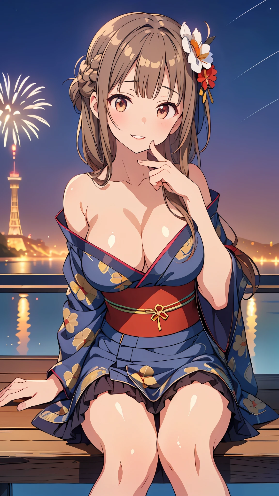 Anime girl in a kimono sitting on the stairs with fireworks in the background、(Tabletop:1.3), High resolution, Ultra-detailed, Highly detailed CG Unity 8k wallpaper, Realistic, Photorealistic, RAW Photos, Beautifully detailed face, Pale skin, Realistic glitter skin, Detailed cloth texture, Detailed hair texture, Perfect body, Beautiful Face, Acura, Anatomically correct, Highly detailed face and skin texture, Natural neck length, (Beautiful Hands), (Fair skin:1.2), Thin legs, Thin legs, (Teeth are neatly arranged:1.1), Sweaty skin, break, Fine grain, Symmetrical eyes, Light brown eyes, double eyelid, Thin eyebrows, (Glossy Lips:1.4), ((Cute smile:1.2)), (blush:1.1), (Glowing little hair ornament:1.1), break, (Elegant girl:1.3), (wear (Navy blue yukata:1.2) There is a white floral pattern), break, Large Breasts, Slim figure, Toned Abs, ((Updo, Dark gold hair, Wavy Hair, Long Hair, Asymmetrical bangs:1.2)), (Close-up shot:1.2), (A sideways glance at the audience:1.1), From next to me, break, ((Sit on the stairs,Gently lift your chin in Odaiba:1.2)), ((Huge colorful fireworks bloom in the night sky:1.2)),