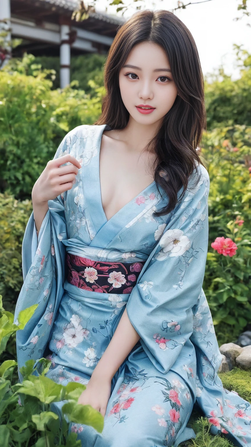 最high quality、high quality、Best image quality、8K、最High resolution、High resolution、最high quality、masterpiece、RAW Photos、whole body写真、Detailed and realistic human body、Detailed and realistic skin、Realistic face in every detail、Detailed and realistic eyes、Detailed and realistic lips、Detailed and realistic teeth、Detailed and realistic ears、Detailed and realistic hair、Realistic reproduction of every detail、((Beautiful Hands(thumb1、reference4))、Realistic feet down to the last detail、((Beautiful Japanese Girl))、(Japanese Model)、18 year old beautiful girl))、(Black Hair)、(Random Hairstyles)、((whole body))、((Slim and perfect figure))、(Flat chest、Small breasts)、(whole body光沢肌、Fair skin)、Soft natural light、Mini Chinese Dresini Kimono、Mini Ninja Costume、Japanese tradition、Japanese garden、((Colorful floral pattern(Sexy Kimono Dresses))、((Relax in the garden(Poses to make your thighs look beautiful))