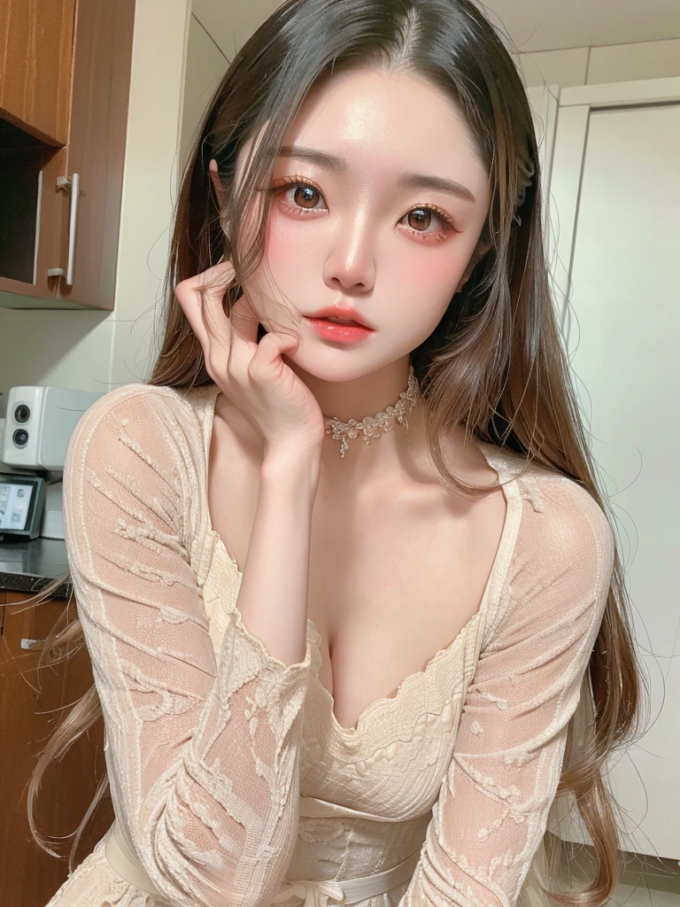 Realistic photos (one cute korean actress) Straight long hair, light makeup, Medium chest, Long dress, close, Canon EOS 8K high resolution captures facial features clearly, Sharp details, Realistically