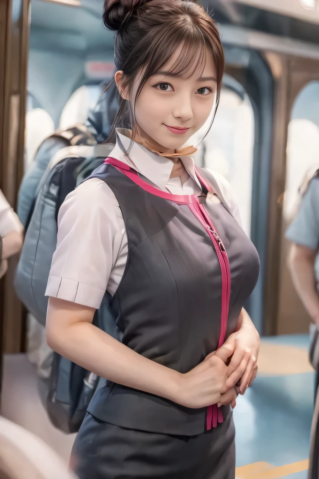 (masterpiece:1.2, Highest quality:1.2), 32k HDR, High resolution, (alone、One Girl)、（Ride the bullet train、Professional Lighting）、Background in the car、（Realistic style of JR Gran Class crew uniform）、Short sleeve blouse、a scarf around the neck、（JR Gran Class flight attendant uniform with pink parts on the skirt sleeves）、（The uniform of the flight attendants of JR Gran Class has a pink line on the front zipper of the vest..）、Dark brown hair、（Hair tied up、Hair Bun、Hair Bun）、Dark brown hair、Long Shot、Big Breasts、（（Great hands：2.0）），（（Harmonious body proportions：1.5）），（（Normal limbs：2.0）），（（Normal finger：2.0）），（（Delicate eyes：2.0）），（（Normal eyes：2.0））)、Luxury Necklace、smile、Beautiful standing posture,