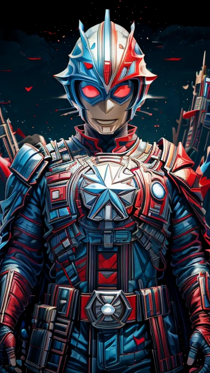 (8k),(masterpiece),(Japanese),(8-year-old boy),((innocent look)),((Childish)),From the front,smile,cute,Innocent,Kind eyes,Flat chest,blue helmet,red domino mask, red cape, Superman, short,Black Hair,Strong wind,night,dark, Neon light cyberpunk Tokyo city, allultraman,camisa